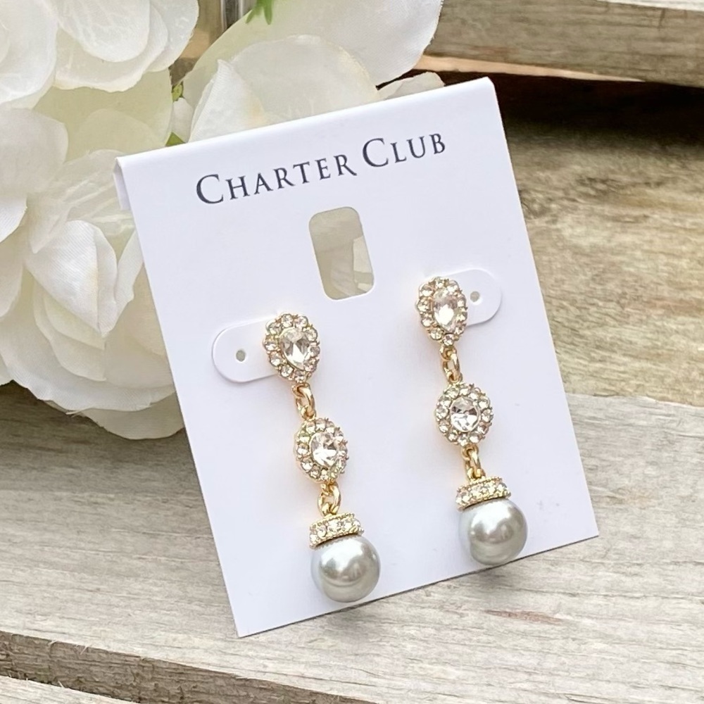 NWT CHARTER CLUB GOLD TONE CLEAR CRYSTAL GRAY BEAD POST DROP EARRINGS